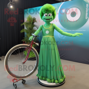Green Unicyclist mascot costume character dressed with a Cocktail Dress and Belts
