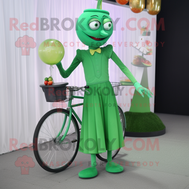 Green Unicyclist mascot costume character dressed with a Cocktail Dress and Belts Green Unicyclist mascot costume character dressed with a Cocktail Dress and Belts