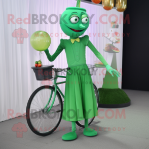 Green Unicyclist mascot costume character dressed with a Cocktail Dress and Belts