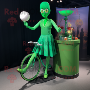 Green Unicyclist mascot costume character dressed with a Cocktail Dress and Belts