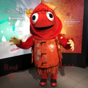 Red Fish Tacos mascot costume character dressed with a Parka and Smartwatches