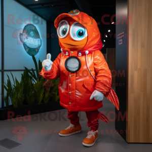 Red Fish Tacos mascot costume character dressed with a Parka and Smartwatches