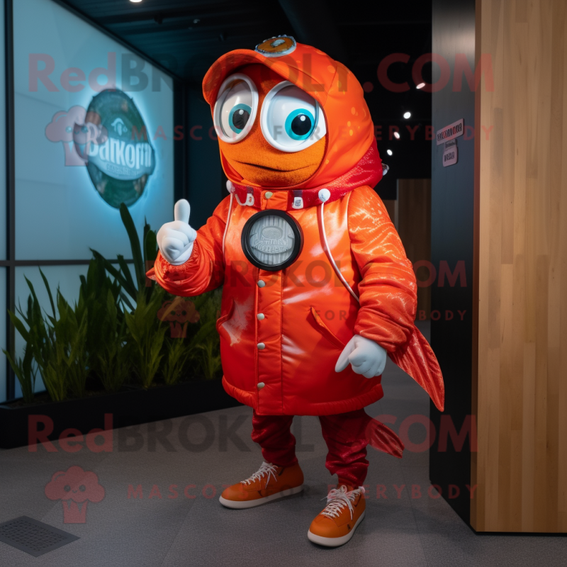 Red Fish Tacos mascot costume character dressed with a Parka and Smartwatches Red Fish Tacos mascot costume character dressed with a Parka and Smartwatches