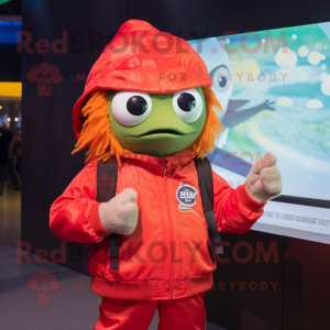 Red Fish Tacos mascot costume character dressed with a Parka and Smartwatches