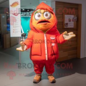 Red Fish Tacos mascot costume character dressed with a Parka and Smartwatches