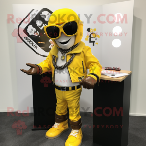 Yellow Attorney mascot costume character dressed with a Moto Jacket and Necklaces