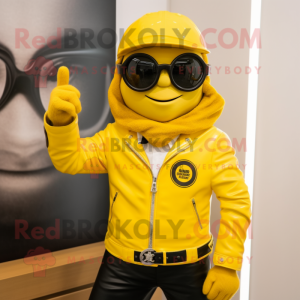 Yellow Attorney mascot costume character dressed with a Moto Jacket and Necklaces