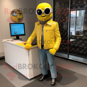 Yellow Attorney mascot costume character dressed with a Moto Jacket and Necklaces