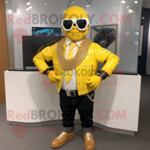 Yellow Attorney mascot costume character dressed with a Moto Jacket and Necklaces