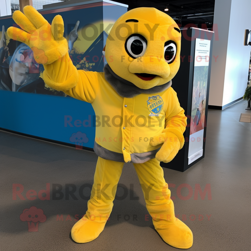 Yellow Sea Turtle mascot costume character dressed with a Flare Jeans and Mittens