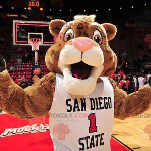 Brown and white tiger mascot with a white sports jersey -