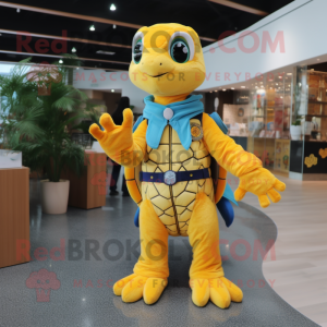 Yellow Sea Turtle mascot costume character dressed with a Flare Jeans and Mittens