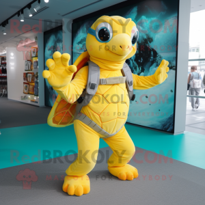 Yellow Sea Turtle mascot costume character dressed with a Flare Jeans and Mittens