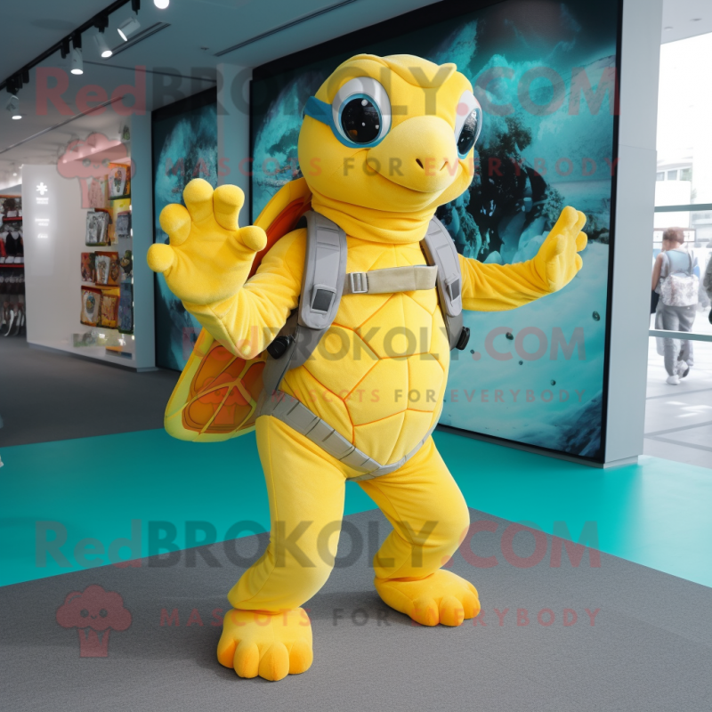 Yellow Sea Turtle mascot costume character dressed with a Flare Jeans and Mittens Yellow Sea Turtle mascot costume character dressed with a Flare Jeans and Mittens
