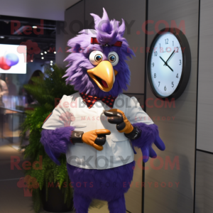 Purple Roosters mascot costume character dressed with a Poplin Shirt and Digital watches