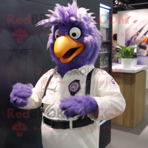 Purple Roosters mascot costume character dressed with a Poplin Shirt and Digital watches