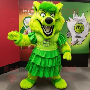 Lime Green Say Wolf mascot costume character dressed with a Dress and Brooches