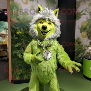 Lime Green Say Wolf mascot costume character dressed with a Dress and Brooches