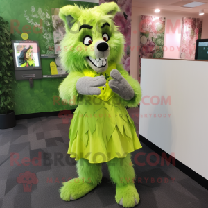 Lime Green Say Wolf mascot costume character dressed with a Dress and Brooches