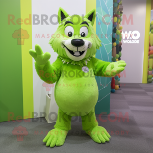 Lime Green Say Wolf mascot costume character dressed with a Dress and Brooches