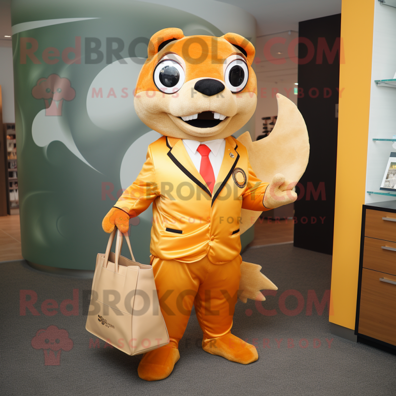 Gold Salmon mascot costume character dressed with a Suit Pants and Tote bags Gold Salmon mascot costume character dressed with a Suit Pants and Tote bags