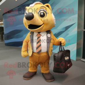 Gold Salmon mascot costume character dressed with a Suit Pants and Tote bags