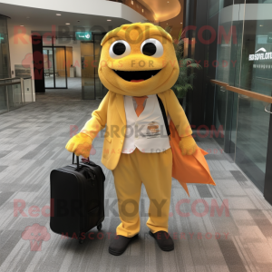 Gold Salmon mascot costume character dressed with a Suit Pants and Tote bags