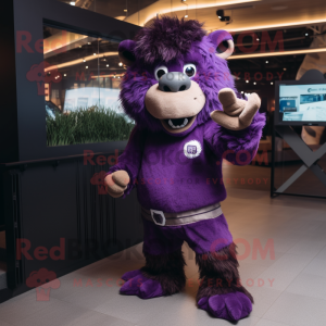 Purple Bison mascot costume character dressed with a Romper and Gloves