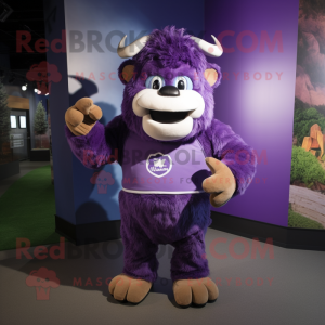 Purple Bison mascot costume character dressed with a Romper and Gloves