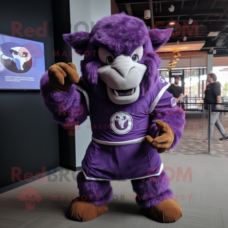 Purple Bison mascot costume character dressed with a Romper and Gloves Purple Bison mascot costume character dressed with a Romper and Gloves