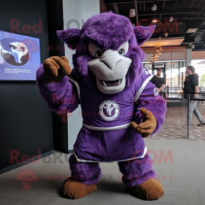 Purple Bison mascot costume character dressed with a Romper and Gloves