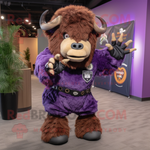 Purple Bison mascot costume character dressed with a Romper and Gloves
