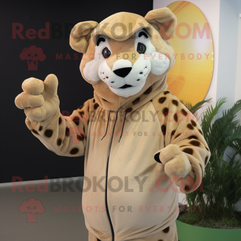 Tan Leopard mascot costume character dressed with a Hoodie and Cufflinks Tan Leopard mascot costume character dressed with a Hoodie and Cufflinks