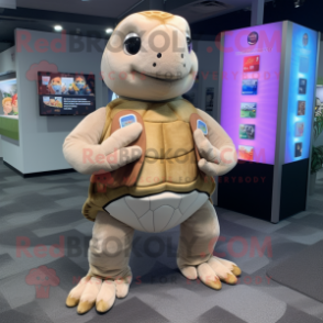 Beige Sea Turtle mascot costume character dressed with a Yoga Pants and Coin purses