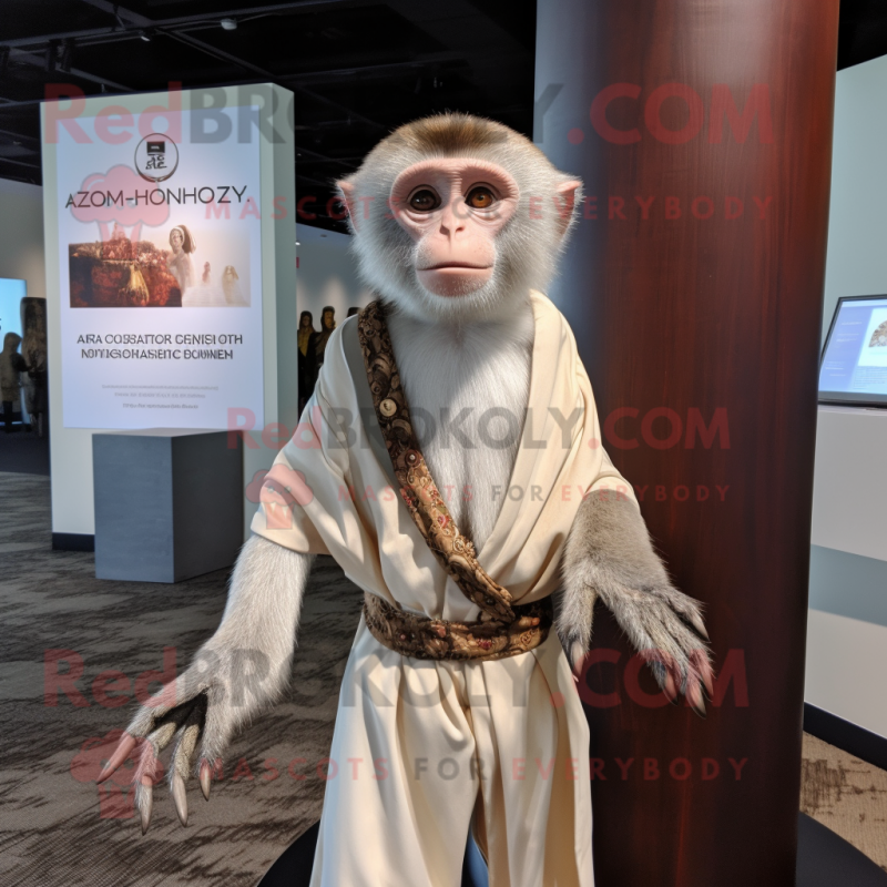 Silver Capuchin Monkey mascot costume character dressed with a Wrap Dress and Lapel pins