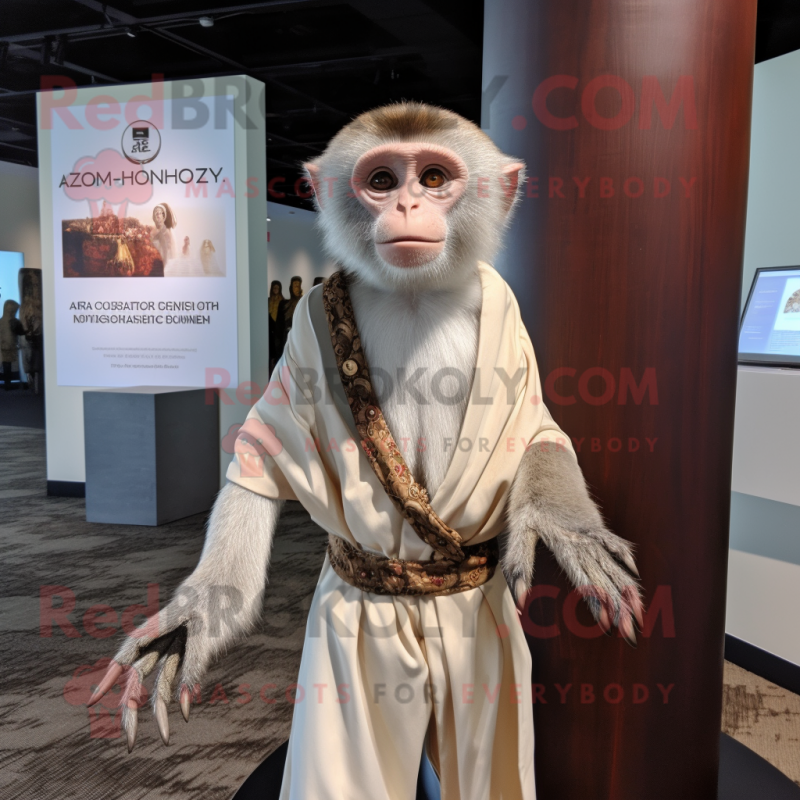 Silver Capuchin Monkey mascot costume character dressed with a Wrap Dress and Lapel pins Silver Capuchin Monkey mascot costume character dressed with a Wrap Dress and Lapel pins