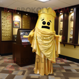 Gold Lasagna mascot costume character dressed with a Dress Shirt and Shawl pins