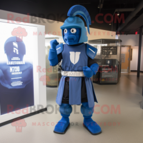 Blue Spartan Soldier mascot costume character dressed with a V-Neck Tee and Mittens