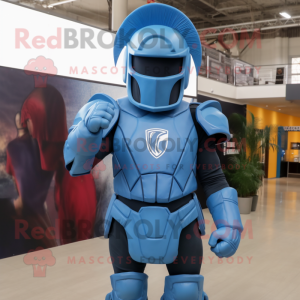 Blue Spartan Soldier mascot costume character dressed with a V-Neck Tee and Mittens