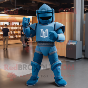 Blue Spartan Soldier mascot costume character dressed with a V-Neck Tee and Mittens