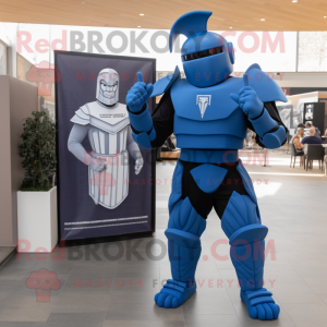 Blue Spartan Soldier mascot costume character dressed with a V-Neck Tee and Mittens