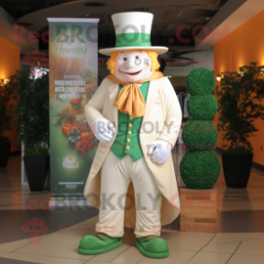 Cream Leprechaun mascot costume character dressed with a Jacket and Wraps