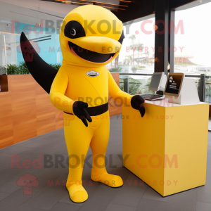 Yellow Killer Whale mascot costume character dressed with a Bodysuit and Wallets