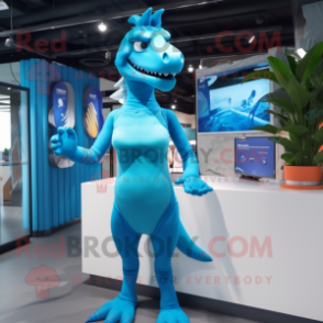 Cyan Deinonychus mascot costume character dressed with a One-Piece Swimsuit and Hair clips