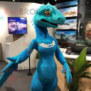 Cyan Deinonychus mascot costume character dressed with a One-Piece Swimsuit and Hair clips