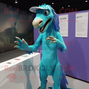 Cyan Deinonychus mascot costume character dressed with a One-Piece Swimsuit and Hair clips