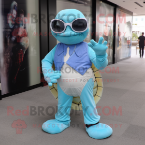 Sky Blue Sea Turtle mascot costume character dressed with a Dress Pants and Eyeglasses