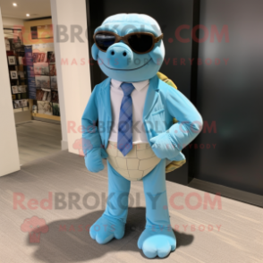 Sky Blue Sea Turtle mascot costume character dressed with a Dress Pants and Eyeglasses