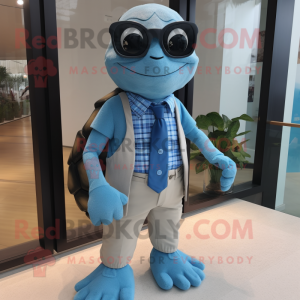 Sky Blue Sea Turtle mascot costume character dressed with a Dress Pants and Eyeglasses