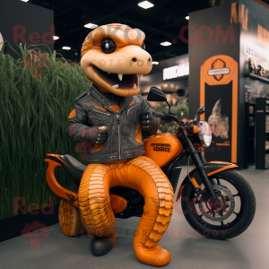 Orange Titanoboa mascot costume character dressed with a Biker Jacket and Anklets